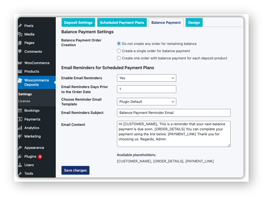 woocommerce deposits balance payment settings