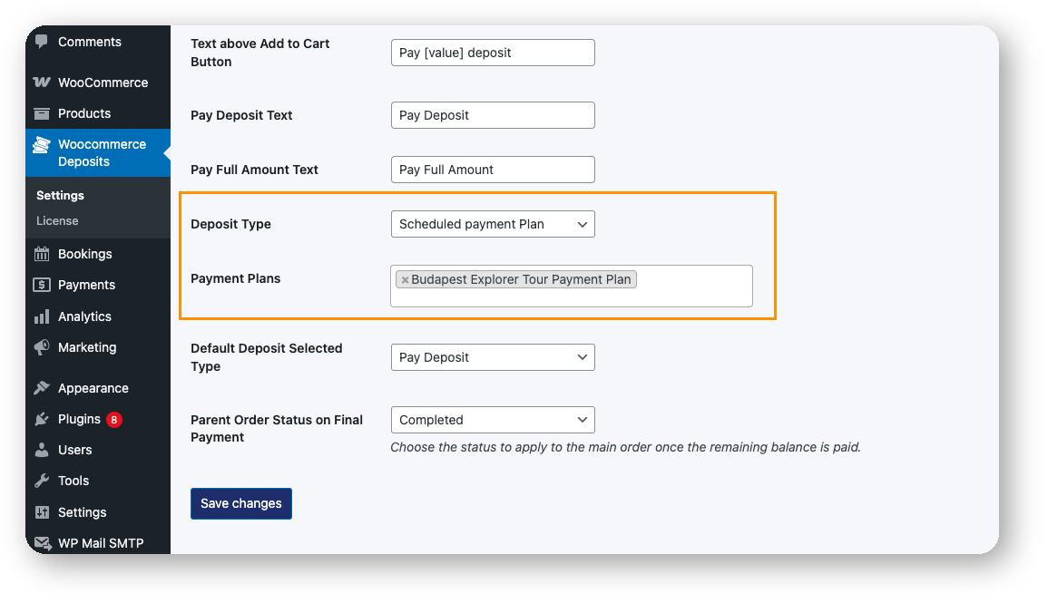 woocommerce deposits global settings