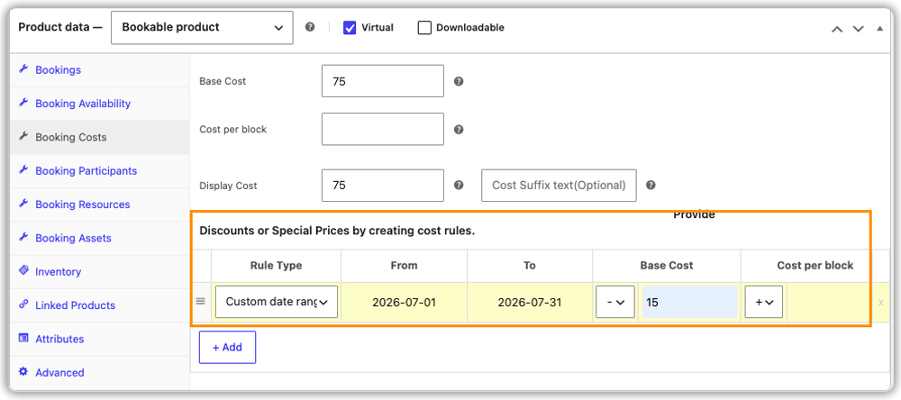 woocommerce booking cost rule