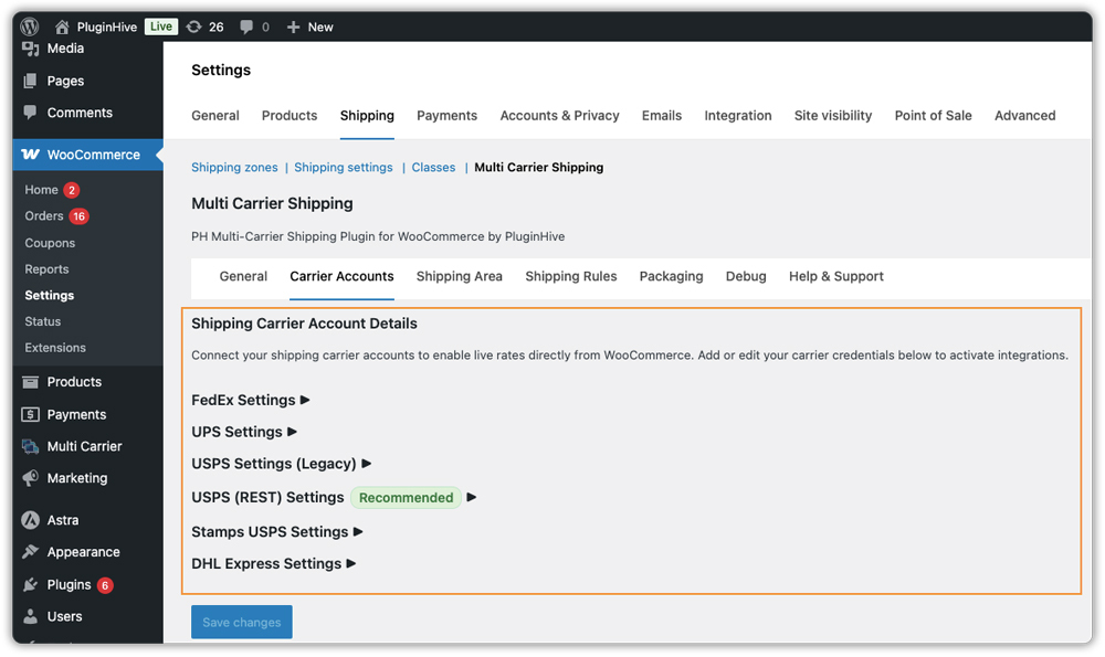 carrier accounts settings