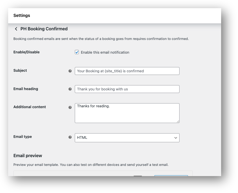 woocommerce ph booking confirmed email settings