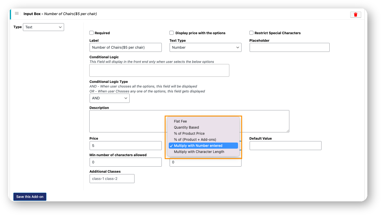 price type dropdown
