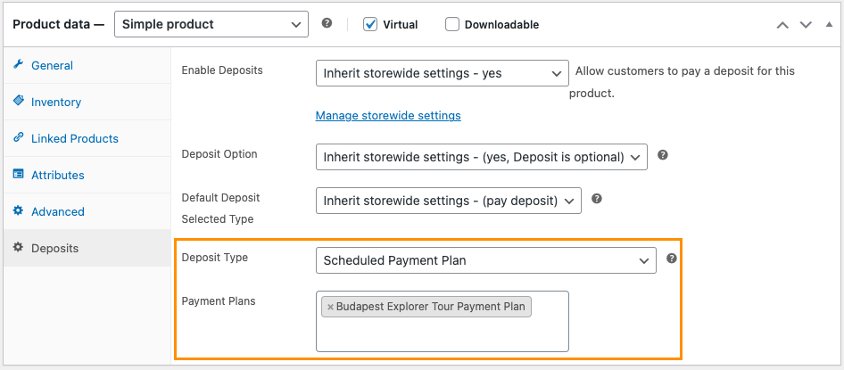 woocommerce product data deposits