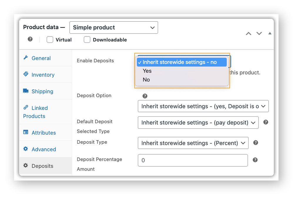 woocommerce product data deposits