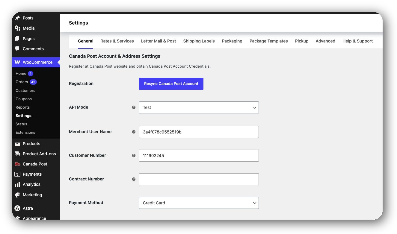 canada post account credentials settings