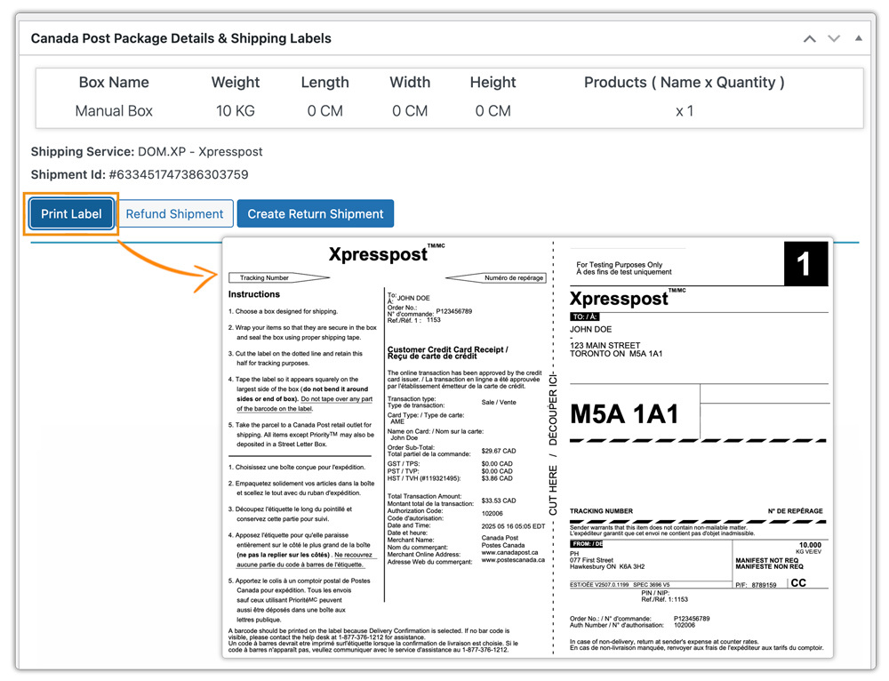 canada post xpresspost shipping label