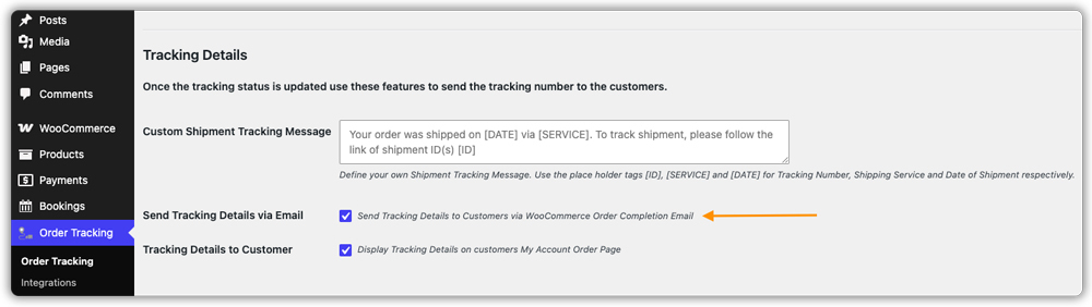 tracking details settings