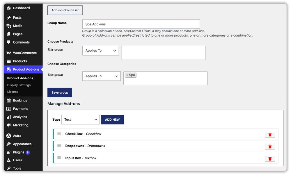 product add-ons spa group settings