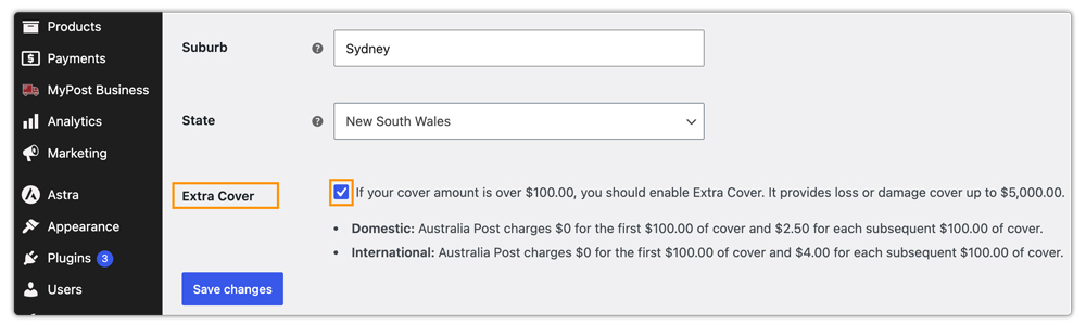 australia post insurance in woocommerce 