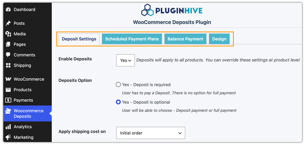deposit plugin tab settings 