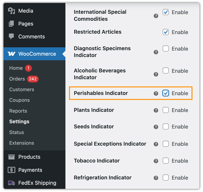 upe persihable indicator in plugin setting