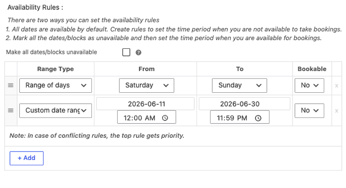 set booking availability rules