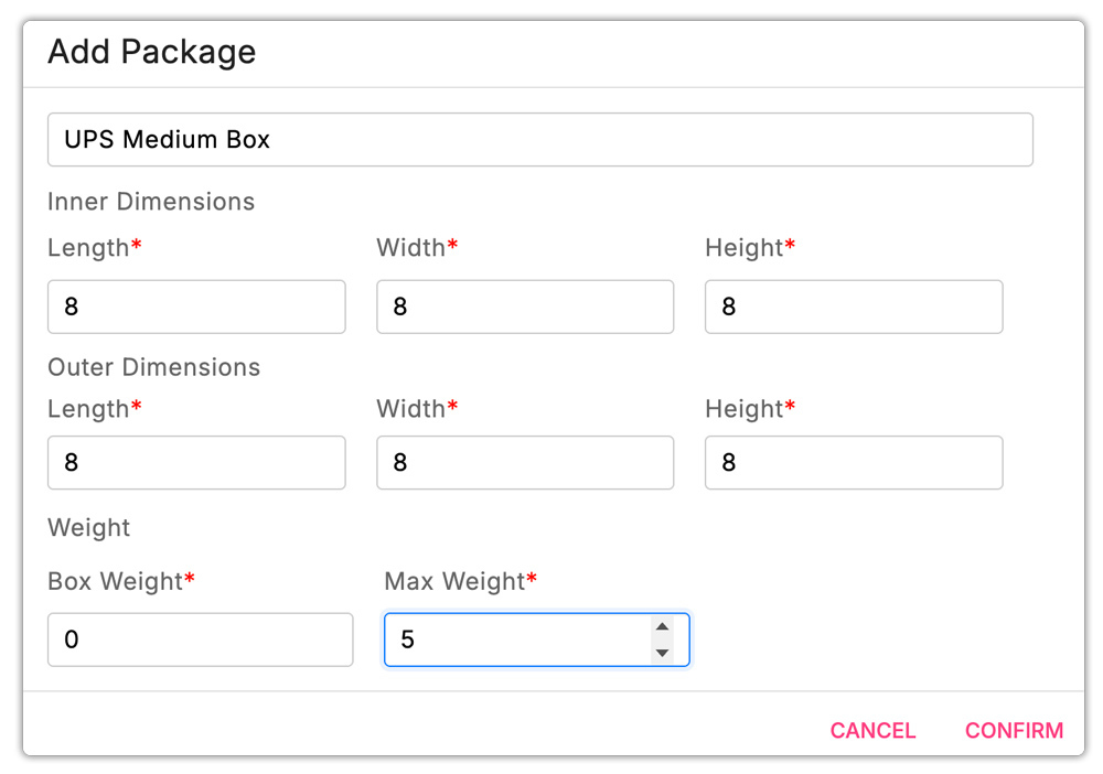 add ups shipping boxes dimension in shopify