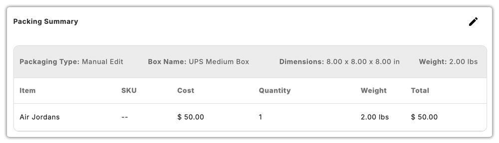 ups packing summary