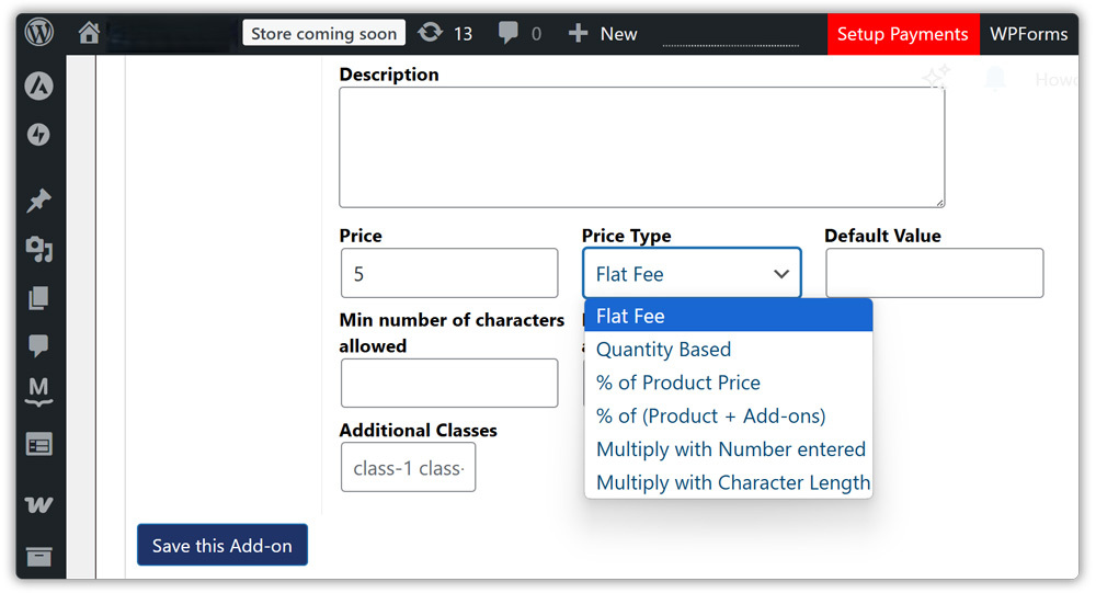 addon pricing setup