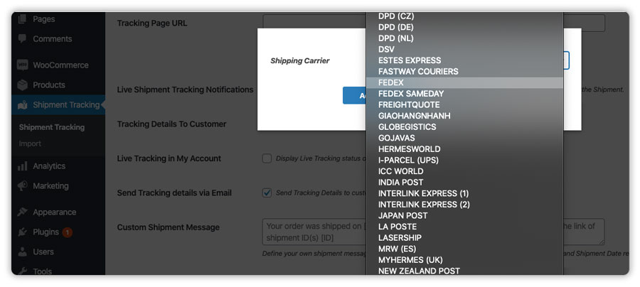 carrier selection dropdown