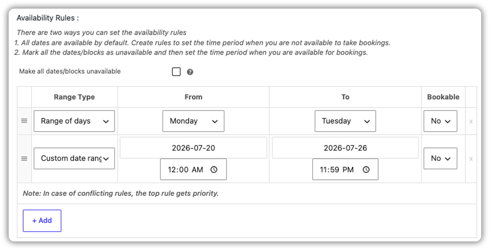 bookings availability date range rules