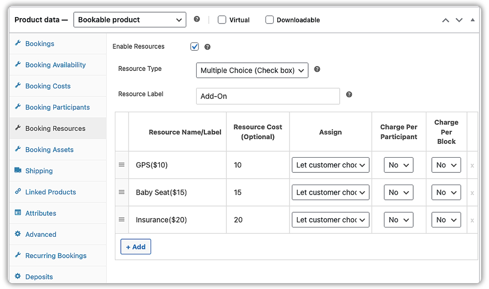 booking resources add-on settings