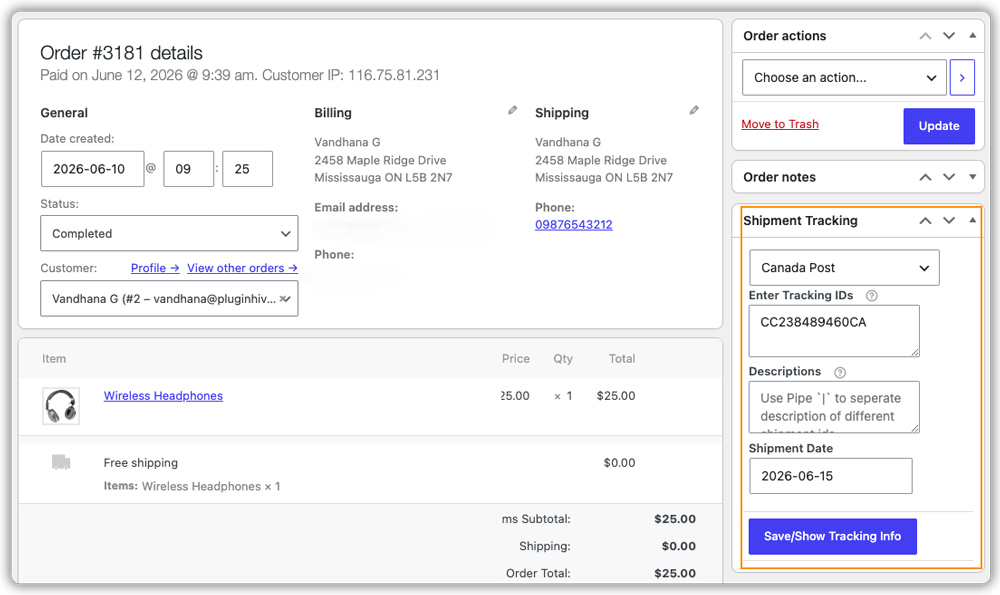 order details tracking panel