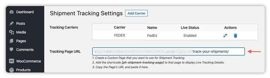 shipment tracking settings