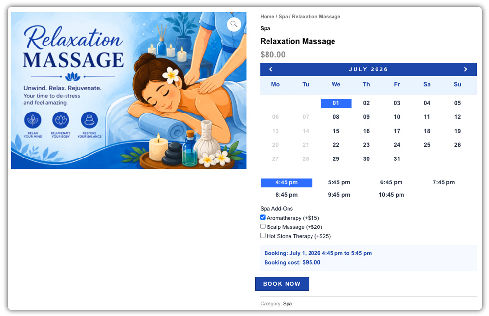 spa booking calendar with add-ons