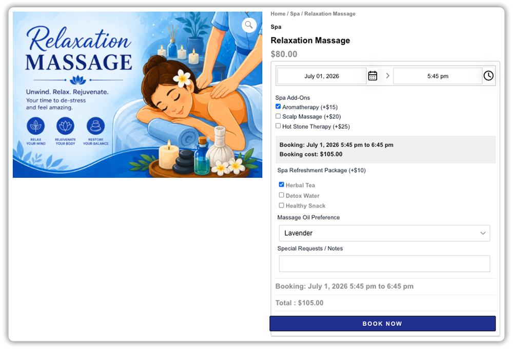 spa booking add-ons  page