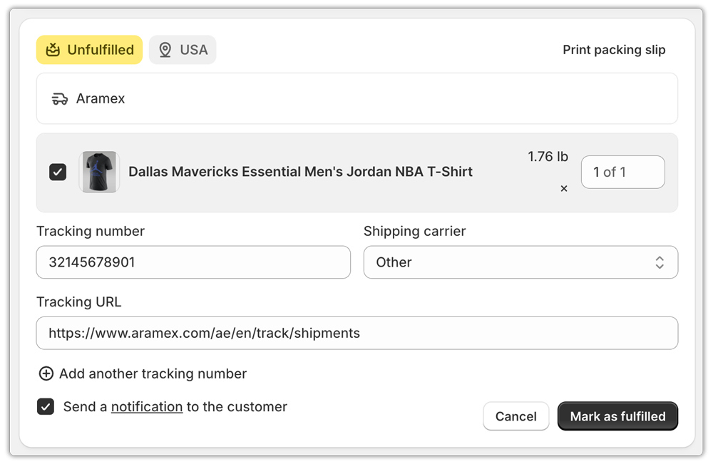 aramex order tracking number in shopify