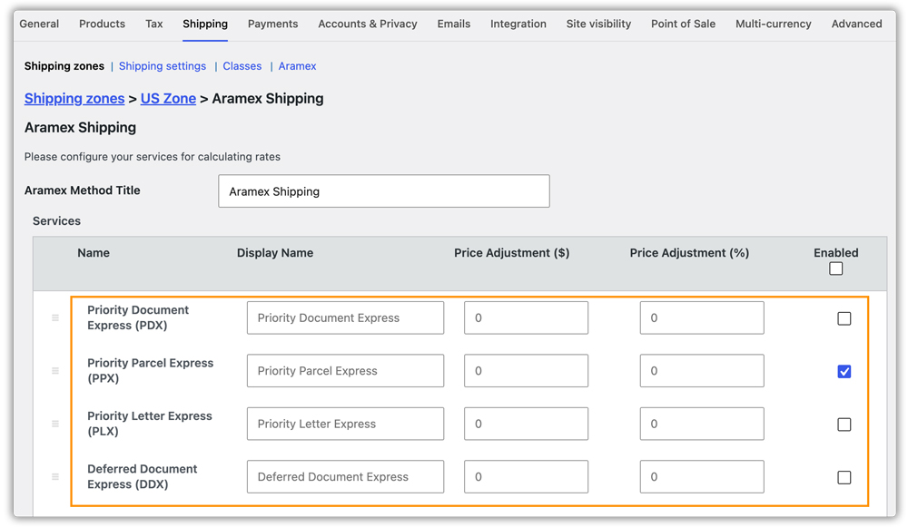 aramex shipping services for woo zones