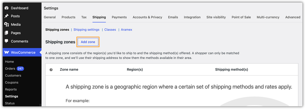 add woocommerce zone for aramex