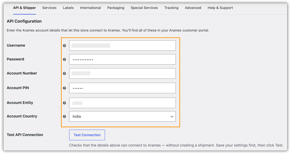 aramex account credentials