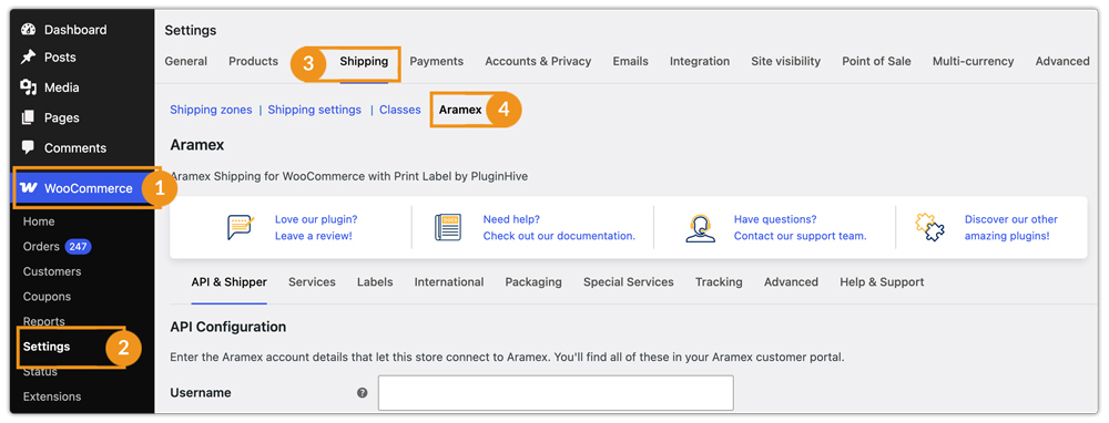 aramex shipping plugin settings