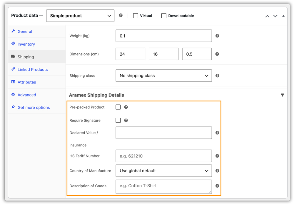 aramex product shipping details