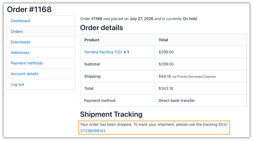 tracking in my account page