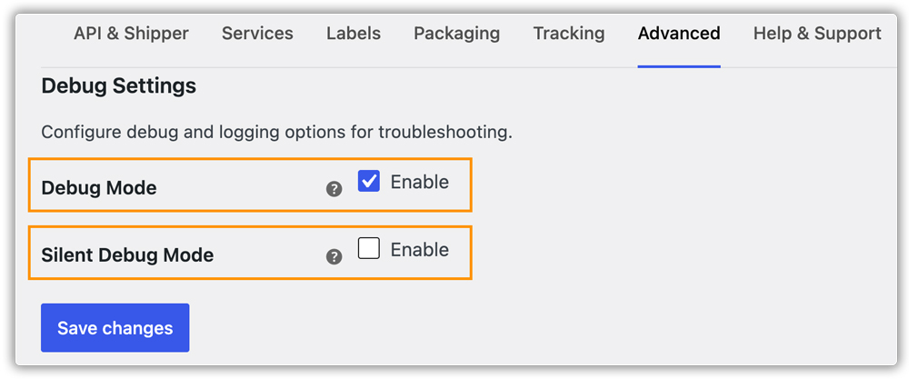 debug settings