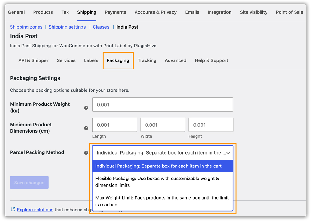 packaging settings