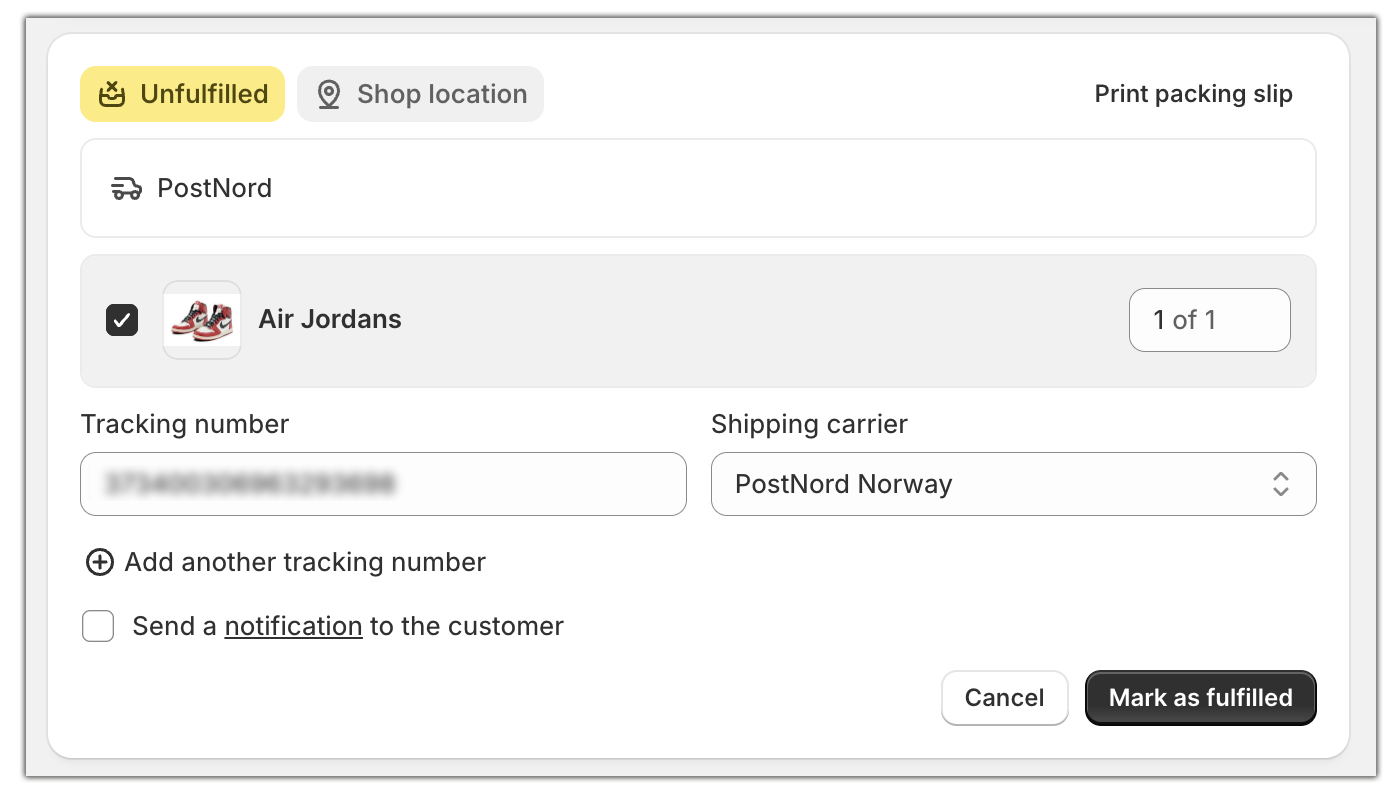 postnord order tracking in shopify