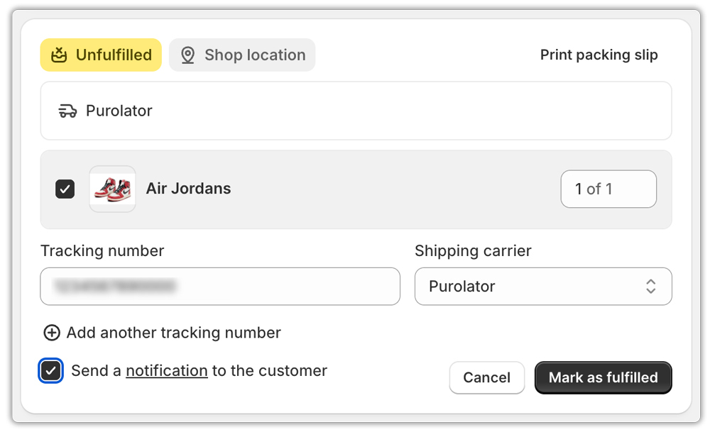 purolator order tracking in order page