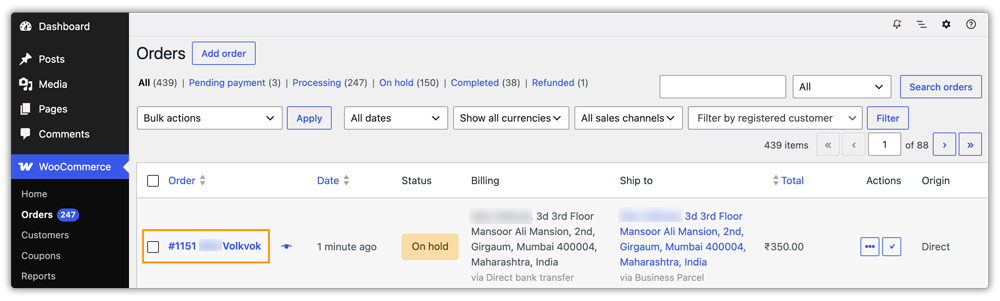 woocommerce order page