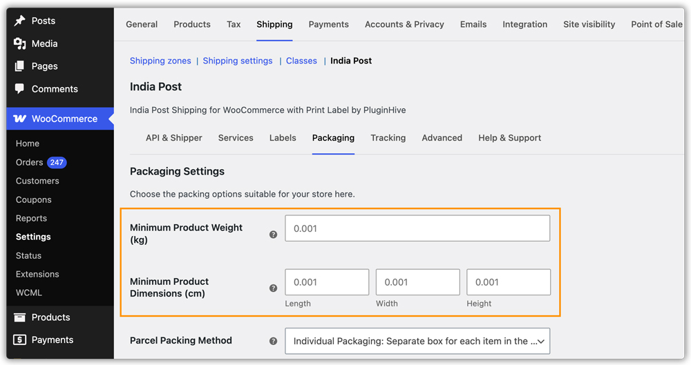 minimum product dimensions