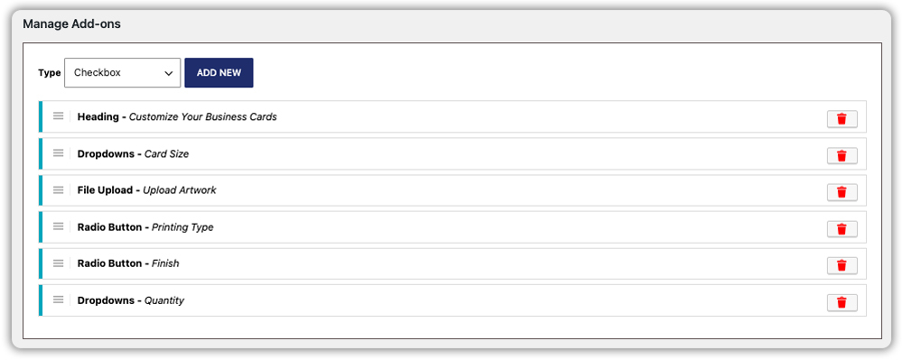 business card add-on fields