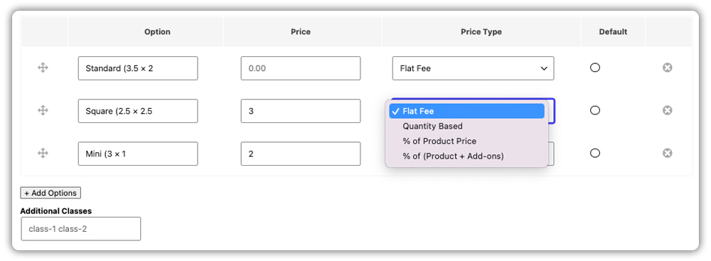 add-on pricing type options