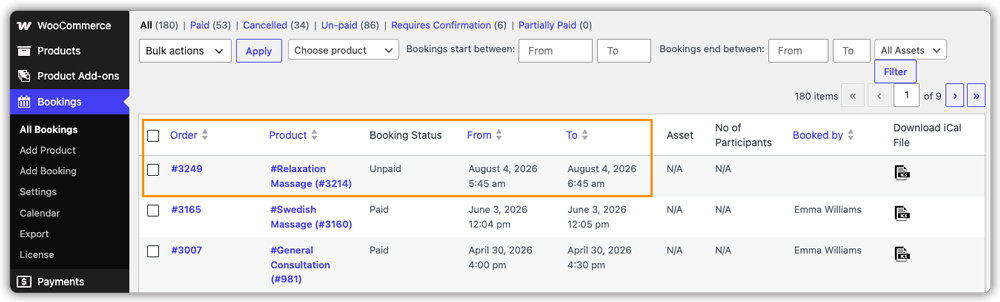 imported outlook booking list