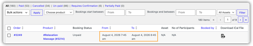 bookings list before reschedule