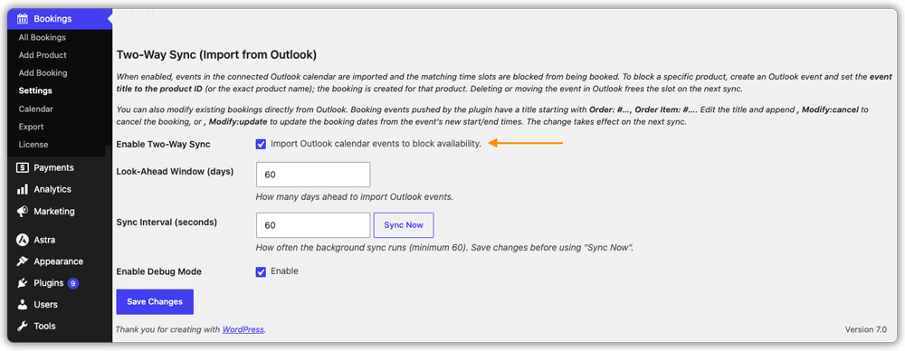 two-way outlook sync settings