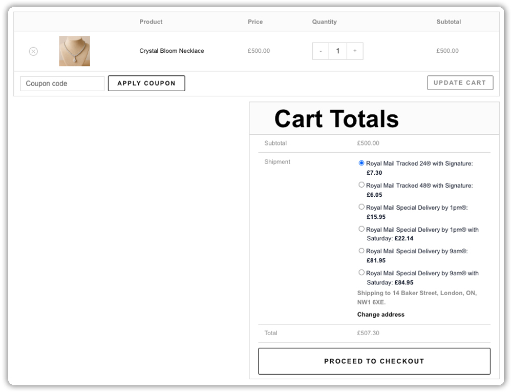 cart totals shipping options