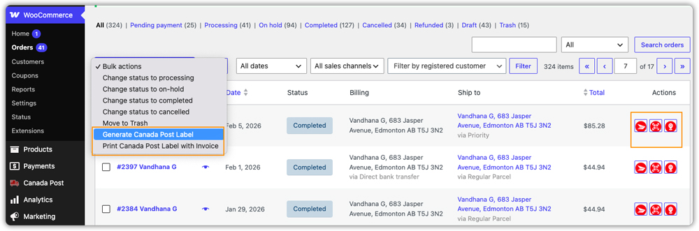 generate shipping label action