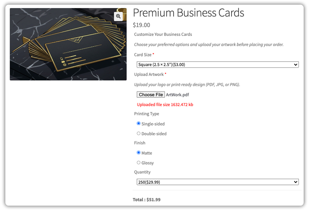 business card product customization