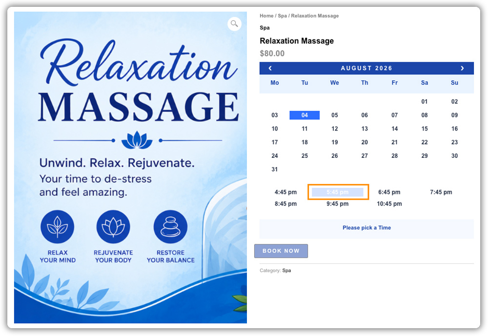 relaxation massage booking calendar