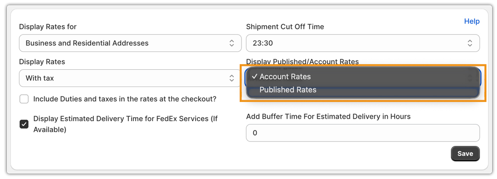 display rates for account in fedex app