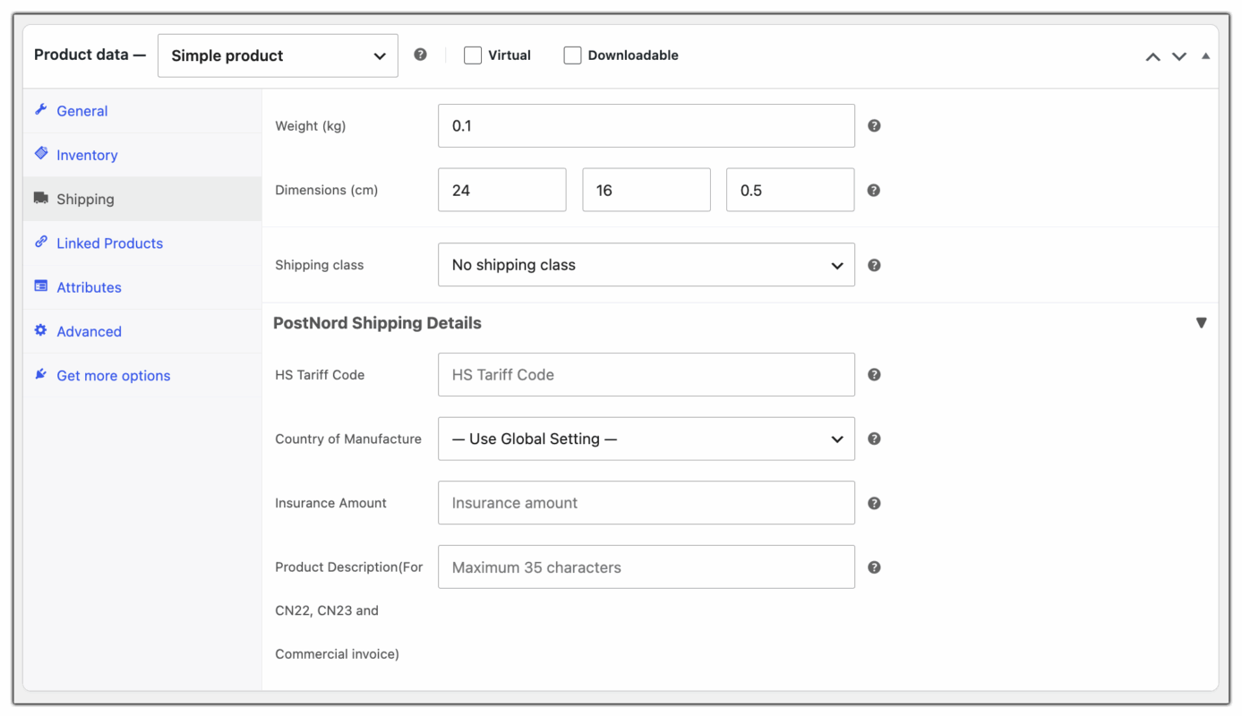 postnord product details for international shipping